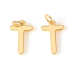 Letter T Brass Charms, with Jump Rings, Letter, Real 18K Gold Plated, Letter.T, T: 10x6.5x1mm, Hole: 2.5mm
