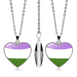 Medium Orchid Pride Rainbow Flag Glass Heart Pendant Necklace, with Alloy Cable Chains, Medium Orchid, 17.72 inch(45cm)