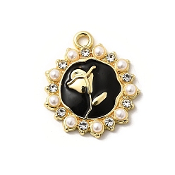 Золотой Подвески из сплава , с эмалью и бусинами из АБС-пластика, без свинца, без кадмии и без никеля, стойки покрытие, цветок, чёрные, золотые, 20x17.5x3 мм, отверстие : 1.6 мм