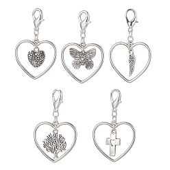 Antique Silver & Silver Valentine's Day Tibetan Style Alloy Pendant Decorations, with Zinc Alloy Lobster Claw Clasps, Heart with Wing/Cross/Tree of Life/Butterfly, Antique Silver & Silver, 49mm