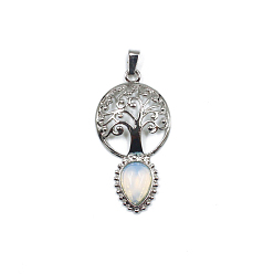 Opalite Opalite Teardrop Pendants, Tree of Life Charms with Platinum Plated Metal Findings, 49x26mm