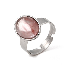 Watermelon Stone Glass Adjustable 304 Stainless Steel Finger Rings for Women, with Synthetic Watermelon Stone Glass, Oval, Stainless Steel Color, 17mm