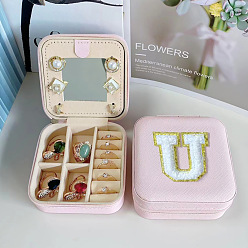 Letter U Letter Imitation Leather Jewelry Organizer Case with Mirror Inside, for Necklaces, Rings, Earrings and Pendants, Square, Pink, Letter U, 10x10x5.5cm