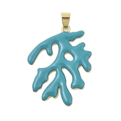 Темно-бирюзовый Подвески из латуни с эмалью в стойку, долговечный, без кадмия и без свинца, реальный 18 k позолоченный, форма коралла, темные бирюзовый, 36x28.5x2.5 мм, отверстие : 6x3.5 мм