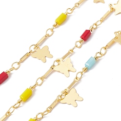 Colorful Handmade Eco-friendly Brass Butterfly & Star Charms Chain, with Glass Rectangle Beaded, Real 18K Gold Plated, Lead Free & Cadmium Free, Soldered, with Spool, Colorful, 14x2.5x2.5mm, 8.5x1x1mm