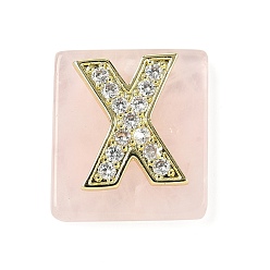Letter X Природного розового кварца подвески, прямоугольные подвески с латунной микропаве прозрачной кубической циркониевой буквой, реальный 18 k позолоченный, долговечный, стойки покрытие, Письмо X, 21x18x5 мм, отверстие : 1.4 мм
