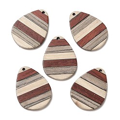 Colorful Wenge Wood & Sandalwood & White Ash Pendants, Teardrop Charms, Colorful, 35x26x3.5mm, Hole: 2mm