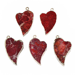 Imperial Jasper Electroplate Natural Regalite/Imperial Jasper/Sea Sediment Jasper Pendants, Dyed, with Iron Findings, Heart, Golden, 42~44x25~27x6~8mm, Hole: 2mm