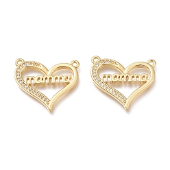 Real 18K Gold Plated Hollow Brass Micro Pave Cubic Zirconia Links, Long-Lasting Plated, for Mother's Day, Heart with Word Mama, Real 18K Gold Plated, 21x22x2mm, Hole: 1.4mm
