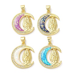 Moon Brass Micro Pave Clear Cubic Zirconia Pendants, with Synthetic Opal, Real 18K Gold Plated, Human, Moon, 22.5x18.5x2.5mm, Hole: 5x3.5mm