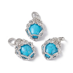 Синтетическая Бирюза Синтетические бирюзовые подвески, овальные амулеты, с фурнитурой в виде розы из латуни платинового цвета, без кадмия, без никеля и без свинца, 25~26x19~19.5x9~9.5 мм, отверстие : 7.5x5.5 мм