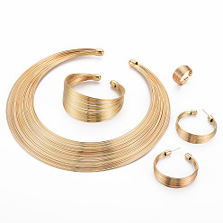 Golden Electrophoresis Carbon Steel Multi-layer Wire Jewelry Set, Collar Necklace & Open Cuff Bangle & C-shape Stud Earrings & Cuff Finger Ring for Women, Golden, Inner Diameter: 4.65 inch(11.8cm), 2.24 inch(57mm), 40mm, Pin: 0.6mm, Inner Diameter: 18mm