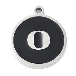 Letter O 201 подвески из нержавеющей стали, с черной эмалью, цвет нержавеющей стали, плоские круглые с буквы, Письмо O, 18.5x15.5x2 мм, отверстие : 1.6 мм