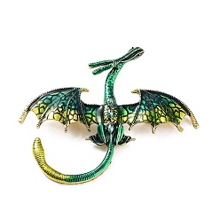 Green Dragon Alloy Rhinestone Brooches, Enamel Pins, Antique Golden, Green, 70x78x13mm