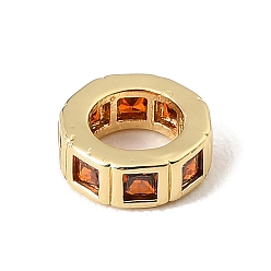 Orange Brass Pave Cubic Zirconia European Beads, Flat Round, Large Hole Beads, Rack Plating, Long-Lasting Plated, Lead Free & Cadmium Free, Real 18K Gold Plated, Orange, 8.5x3mm, Hole: 5mm