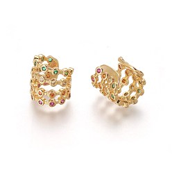 Real 18K Gold Plated Cubic Zirconia Cuff Earrings, with Brass Findings, Colorful, Real 18K Gold Plated, 10~15mm