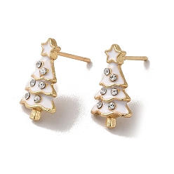 Light Gold Enamel Christmas Tree Alloy Glass Rhinestone Stud Earrings for Women, with 304 Stainless Steel Pin, Cadmium Free & Nickel Free & Lead Free, Light Gold, 15.5x8.5mm, Pin: 0.8mm