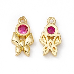 Fuchsia Brass Micro Pave Cubic Zirconia Pendants, Real 18K Gold Plated, Butterfly, Fuchsia, 10x5x1.5mm, Hole: 0.9mm