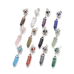 Mixed Stone Natural & Synthetic Mixed Gemstone Pendants, Pointed Pendants, with Platinum Tone Brass Findings, Star & Bullet, 72mm, Hole: 7x5mm