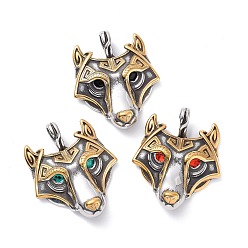 Mixed Color Tibetan Style Ion Plating(IP)304 Stainless Steel Pendants, with Rhinestone, Dog's Head Charms, Antique Silver & Golden, Mixed Color, 47.5x39x6mm, Hole: 6.5x9.5mm