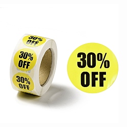 Yellow 30% Off Discount Round Dot Roll Stickers, Self-Adhesive Paper Percent Off Stickers, for Retail Store, Yellow, 66x27mm, Stickers: 25mm in diameter, 500pcs/roll