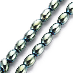 Green Plated Electroplate Opaque Glass Beads Strands, Oval, Green Plated, 6.5x4.5mm, Hole: 1mm, about 60~65pcs/strand, 15.16~15.94 inch(38.5cm~40.5cm)