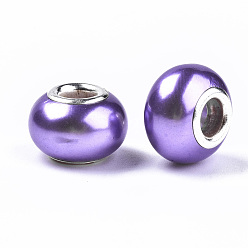 Dark Violet Imitation Pearl Style Resin European Beads, Large Hole Rondelle Beads, with Silver Tone Brass Double Cores, Dark Violet, 14x9mm, Hole: 5mm