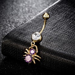 Purple Piercing Jewelry, Brass Cubic Zirconia Navel Ring, Belly Rings, with Surgical Stainless Steel Bar, Cadmium Free & Lead Free, Real 18K Gold Plated, Spider, Purple, 38x16mm, Bar: 15 Gauge(1.5mm), Bar Length: 3/8"(10mm)