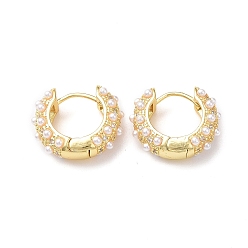 Real 18K Gold Plated Plastic Imitation Pearl Beaded Hoop Earrings with Crystal Rinestone, Rack Plating Brass Jewelry for Women, Lead Free & Cadmium Free, Real 18K Gold Plated, 18x21x7mm, Pin: 1mm