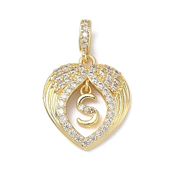 Letter S Латунные микропаве прозрачные подвески с фианитом, крыло с буквенными подвесками, без свинца и без кадмия, долговечный, стойки покрытие, реальный 18 k позолоченный, Письмо с, 20.5x18x3.5 мм, отверстие : 4.5x3.5 мм