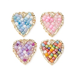 Mixed Color Golden Alloy Pendants, with Glass Seed Beaded, Heart Charms, Mixed Color, 22.5x21x3mm, Hole: 1.4mm