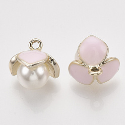 Pink Alloy Enamel Pendants, with ABS Imitation Pearl Beads, Light Gold, Flower, Pink, 15x15.5x10x12mm, Hole: 1.8mm