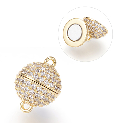 Real 18K Gold Plated Brass Micro Pave Cubic Zirconia Magnetic Clasps with Loops, N50 Grade Strong Magnet, Long-Lasting Plated, Real 18K Gold Plated, Cadmium Free & Nickel Free & Lead Free, Round, 14x10mm, Hole: 1mm