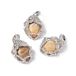Пейзажный Джаспер Естественного изображения яшмы подвески, овальные амулеты, с фурнитурой в виде розы из латуни платинового цвета, без кадмия, без никеля и без свинца, 25~26x19~19.5x9~9.5 мм, отверстие : 7.5x5.5 мм