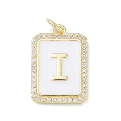 Letter I Brass Enamel Micro Pave Clear Cubic Zirconia Pendants, with Jump Ring, Real 18K Gold Plated, Rectangle Charm, Letter I, 20x13.5x2mm, Hole: 3.4mm