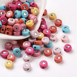 Silver Plated Opaque Acrylic Beads, Flat Round with Heart, Silver Plated, 6.5x7x3mm, Hole: 1.6mm, about 3600~3700pcs/500g