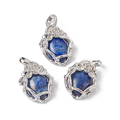 Ляпис-Лазурь Подвески с натуральным лазуритом, овальные амулеты, с фурнитурой в виде розы из латуни платинового цвета, без кадмия, без никеля и без свинца, 25~26x19~19.5x9~9.5 мм, отверстие : 7.5x5.5 мм