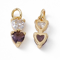 Indigo Rack Plating Brass Cubic Zirconia Charms, Double Heart Charm, with Jump Ring, Long-Lasting Plated, Golden, Lead Free & Cadmium Free, Indigo, 12.5x5.5x4mm, Hole: 3.5mm