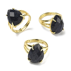 Синий Драгоценный Камень Латунные манжеты с открытыми кольцами, с синтетическим голубым Голдстоун, слеза, граненые, стойки покрытие, долговечный, золотые, 18 мм