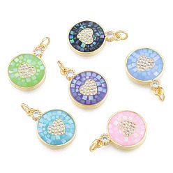 Mixed Color Natural Abalone Shell/Paua Shell Pendants, with Brass Micro Pave Clear Cubic Zirconia Findings and Jump Rings, Dyed, Nickel Free, Real 18K Gold Plated, Flat Round with Heart Charm, Mixed Color, 19.5x14x3.5mm, Jump Rings: 5mm in diameter, 1mm thick, 3mm inner diameter