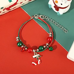 Christmas Socking Многорядные браслеты из эмалированного сплава с рождественскими подвесками, с пластиковыми круглыми бусинами и нейлоновыми шнурами, зеленый и красный, рождественские носки, 6.69 дюйм (17 см)