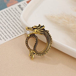 Antique Golden Dragon Men's Alloy Brooch for Backpack Clothes, with Plastic Beads, Antique Golden, 33x26mm
