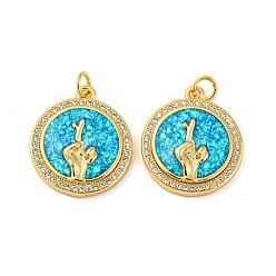 Real 18K Gold Plated Brass Micro Pave Cubic Zirconia with Synthetic Opal Pendants, with Jump Ring, Flat Round with Gesture , Real 18K Gold Plated, 21.5x19x3.5mm