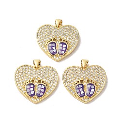 Фиолетовый Стойки обшивки латунь кубического циркония подвески, с эмалью и ракушкой, долговечный, без свинца и без кадмия, реальный 18 k позолоченный, сердце с ногой, фиолетовые, 21x23x3 мм, отверстие : 5x4 мм