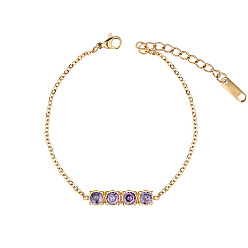 Lilac Rectangle Cubic Zirconia Link Bracelets, with Golden Stainless Steel Cable Chains, Lilac, no size