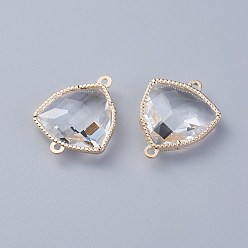 Clear Glass Links connectors, with Eco-Friendly Alloy Open Back Berzel Findings, Faceted, Triangle, Light Gold, Clear, 24x19x7mm, Hole: 1.5mm