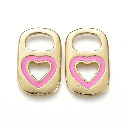Pink Brass Enamel Pendants, Real 18K Gold Plated, Long-Lasting Plated, Lock with Heart, Pink, 16.5x10.5x1.7~1.9mm, Hole: 4.5x6.5mm