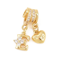 Letter E Латунные микропаве прозрачные подвески с фианитом, сердце прелести, долговечный, стойки покрытие, без кадмия и без свинца, реальный 18 k позолоченный, Письмо E, 24 мм, отверстия : 3 mm и 4 мм, Сердце: 8.5x8x3.5 mm, Письмо: 10x8.5x3.5 мм
