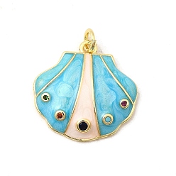 Синий Латунные микро проложить кубического циркония подвески, формы раковины, с эмалью, без свинца и без кадмия, долговечный, стойки покрытие, реальный 18 k позолоченный, с целью перехода в кольце, синие, 21x21.5x4 мм, отверстие : 3.4 мм