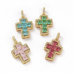 Mixed Color Brass Micro Pave Clear Cubic Zirconia Pendants, Cross, Religion, Mixed Color, 24x17x5mm, Hole: 3.5x5~5.5mm